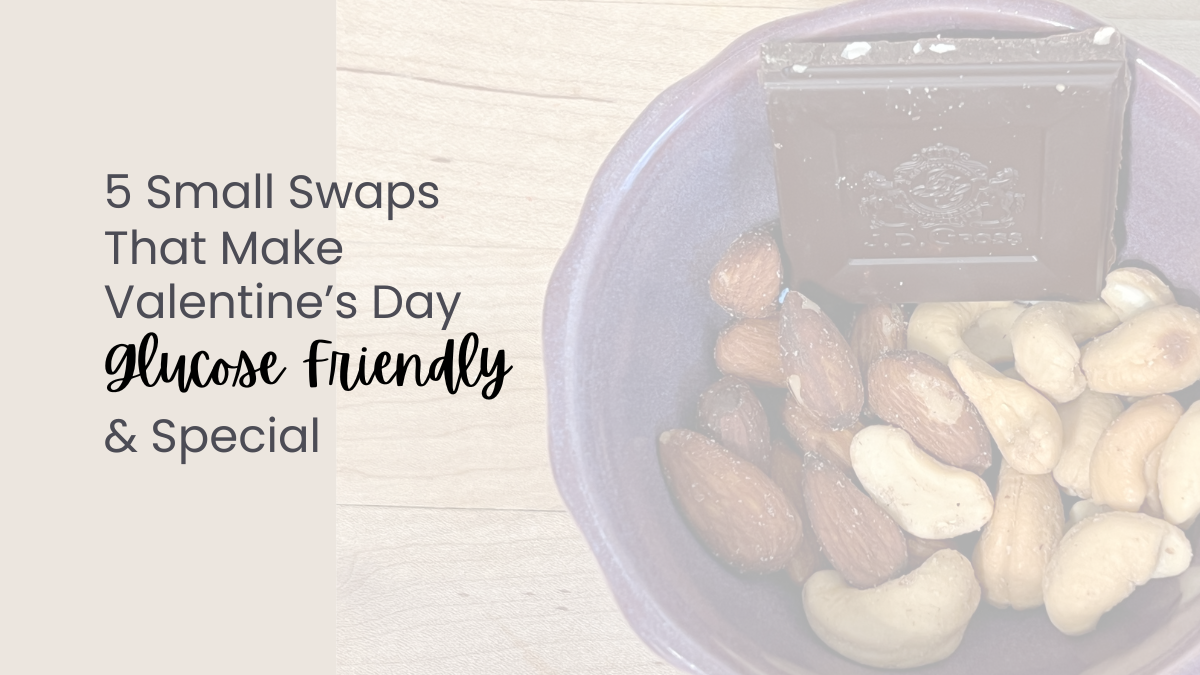 5 small swaps that make valentine's day glucose friendly & special with a purple bowl of nuts and a square of dark chocolate